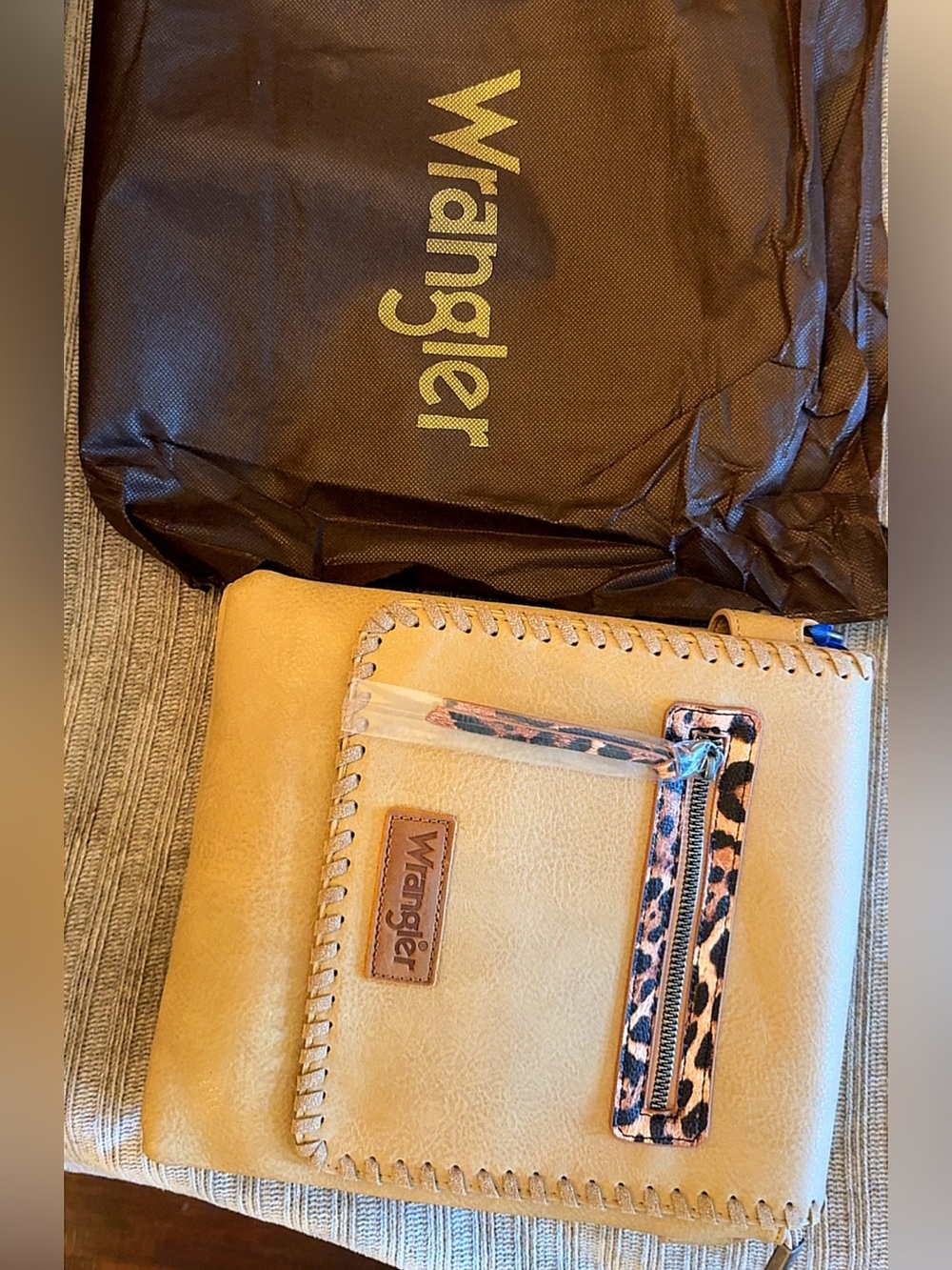Wrangler Tan Leather Crossbody Bag with Leopard Accent and Straps